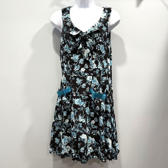 Betsey Johnson Silk Skull Floral Bird Print Dress Black Blue Whimsigoth Y2K SZ 8 - Picture 7 of 12